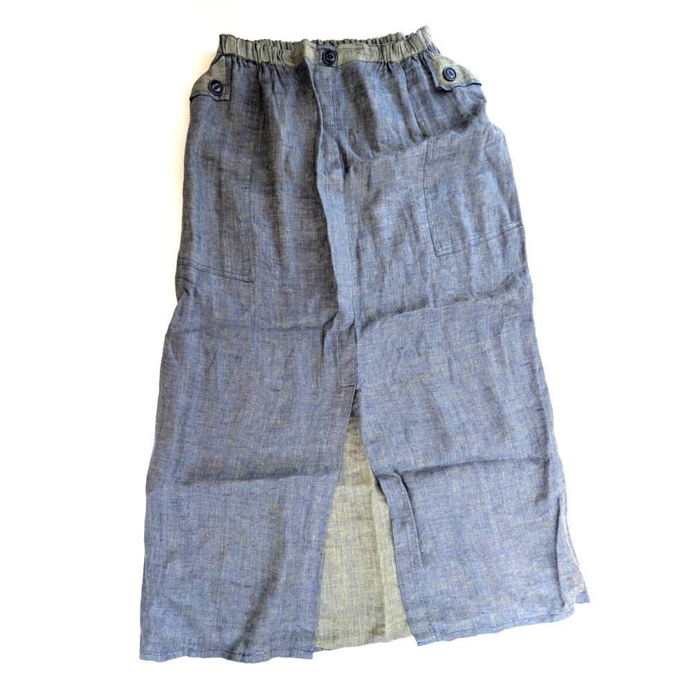 FLAX Linen Skirt Small Blue Denim Boho Lagenlook Natural Pull On Stretch Pockets